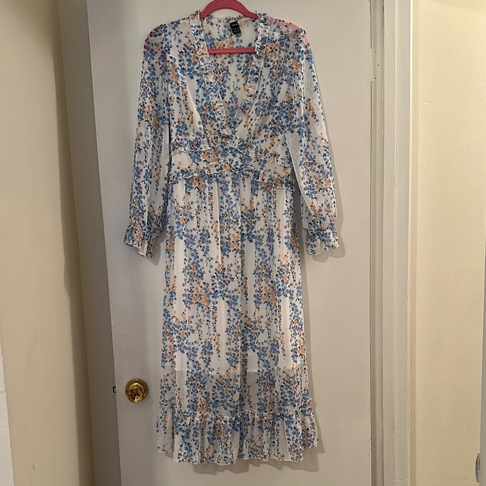 Blue and White Ruffled Long Sleeve Sundress